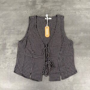 Ghanda Top Women XS Verity Silver Lake Navy Check Tie Front Sleeveless NEW $55